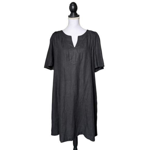 Chicos Black Flutter Sleeve 100% Linen Dress Sz 3 US 16 V Neck Lagenlook Pockets - Picture 1 of 7